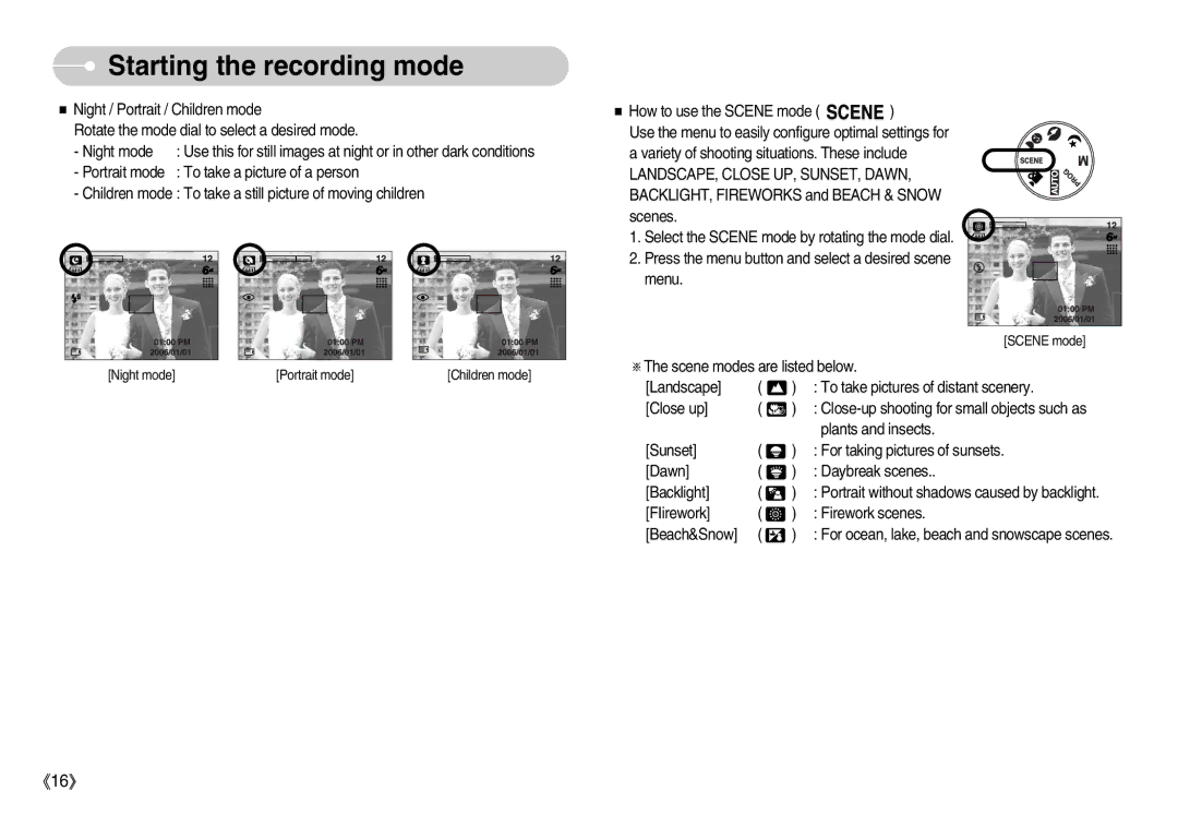 Samsung EC-S500ZBBA/US, EC-S500ZBBA/FR, EC-S600ZSBB/FR, EC-S600ZBBB/FR, EC-S600ZBBA/DE manual Scene modes are listed below 