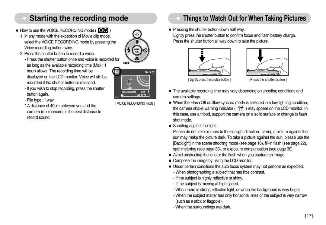 Samsung EC-S500ZSBA/AS, EC-S500ZBBA/FR, EC-S600ZSBB/FR, EC-S600ZBBB/FR manual Things to Watch Out for When Taking Pictures 