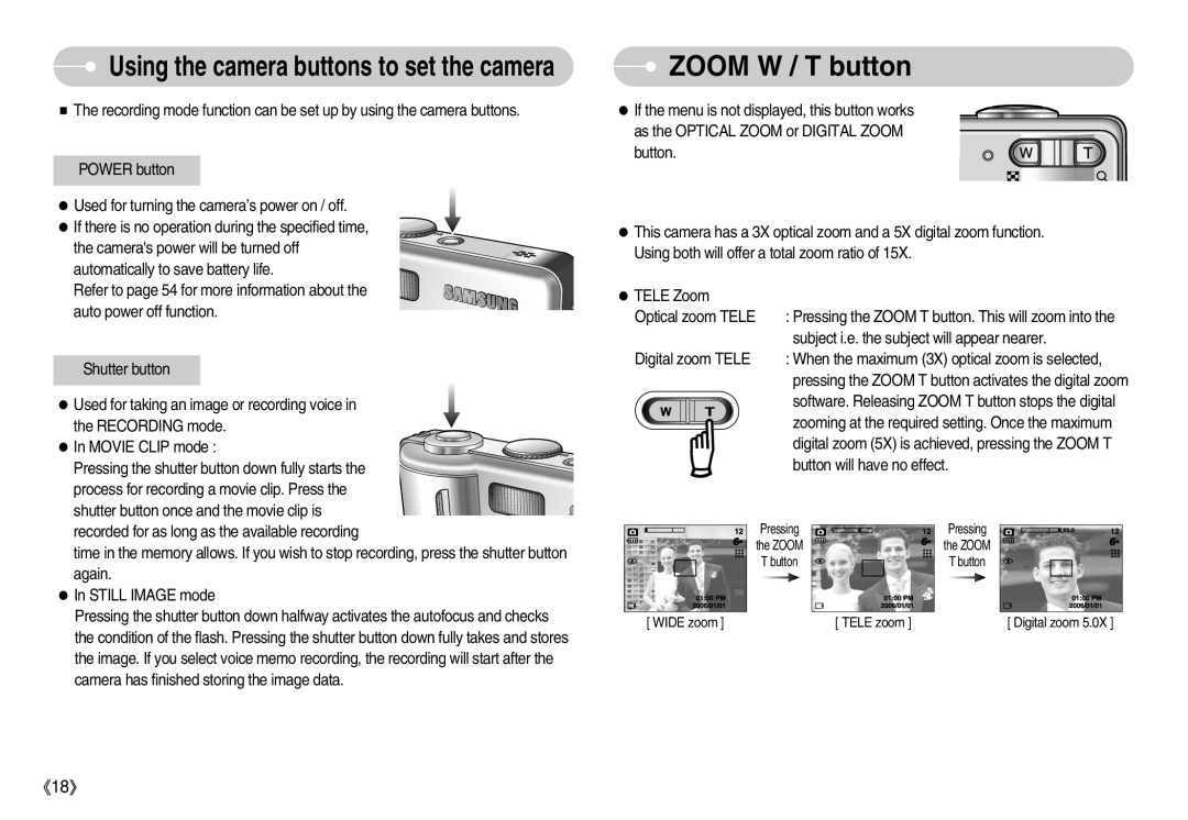 Samsung EC-S500ZSBB/DE, EC-S500ZBBA/FR, EC-S600ZSBB/FR manual Zoom W / T button, Using the camera buttons to set the camera 