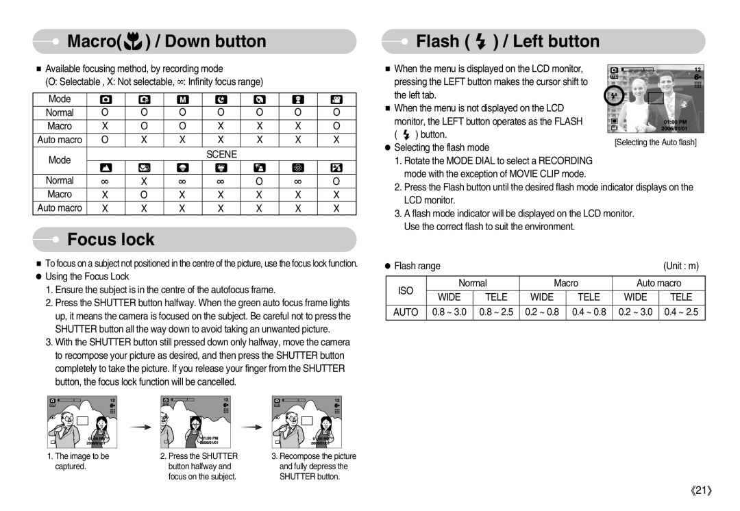 Samsung EC-S500ZSBD/US, EC-S500ZBBA/FR, EC-S600ZSBB/FR, EC-S600ZBBB/FR Focus lock, Flash / Left button, Iso, Wide Tele Auto 