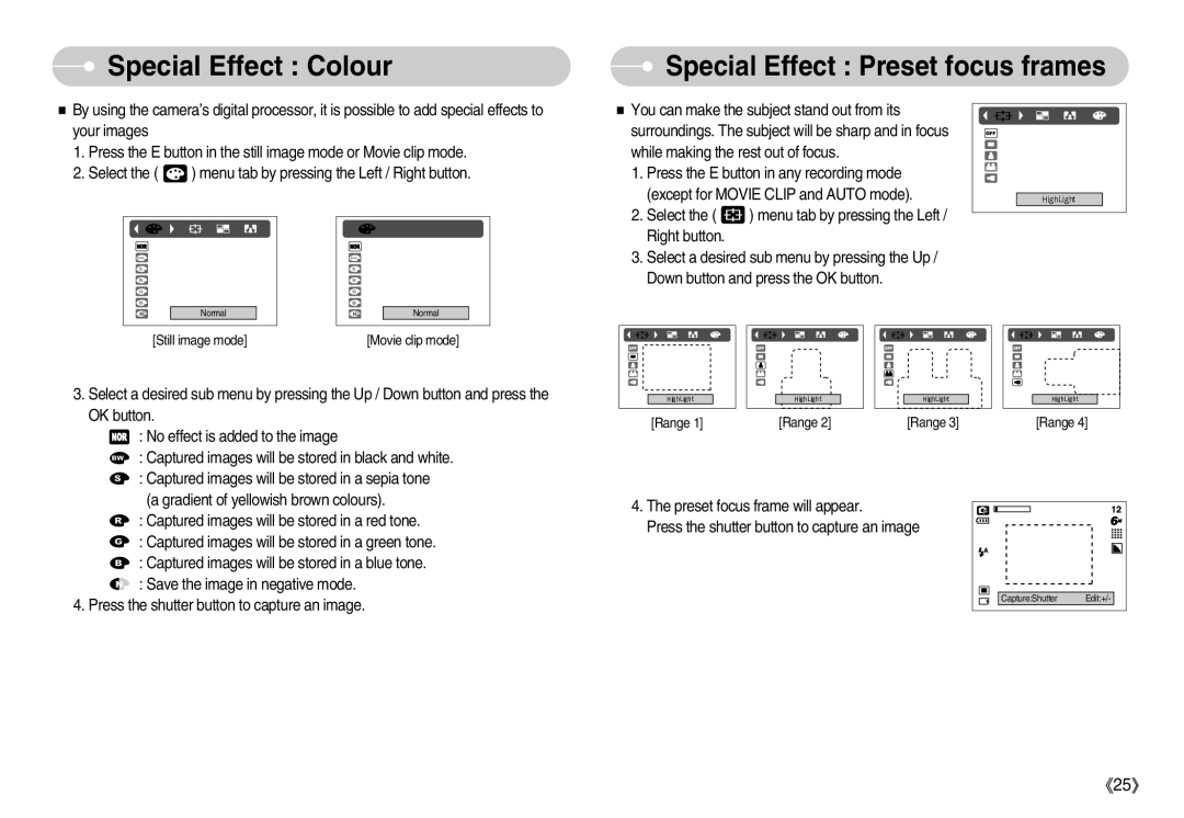 Samsung EC-S600ZSBC/E1, EC-S500ZBBA/FR, EC-S600ZSBB/FR manual Special Effect Colour, Special Effect Preset focus frames 