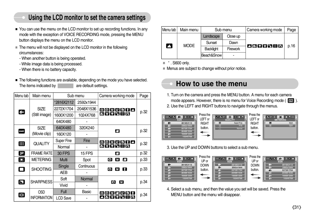 Samsung EC-S600ZBBA/IN, EC-S500ZBBA/FR, EC-S600ZSBB/FR, EC-S600ZBBB/FR, EC-S600ZBBA/DE, EC-S500ZSBA/FR How to use the menu 