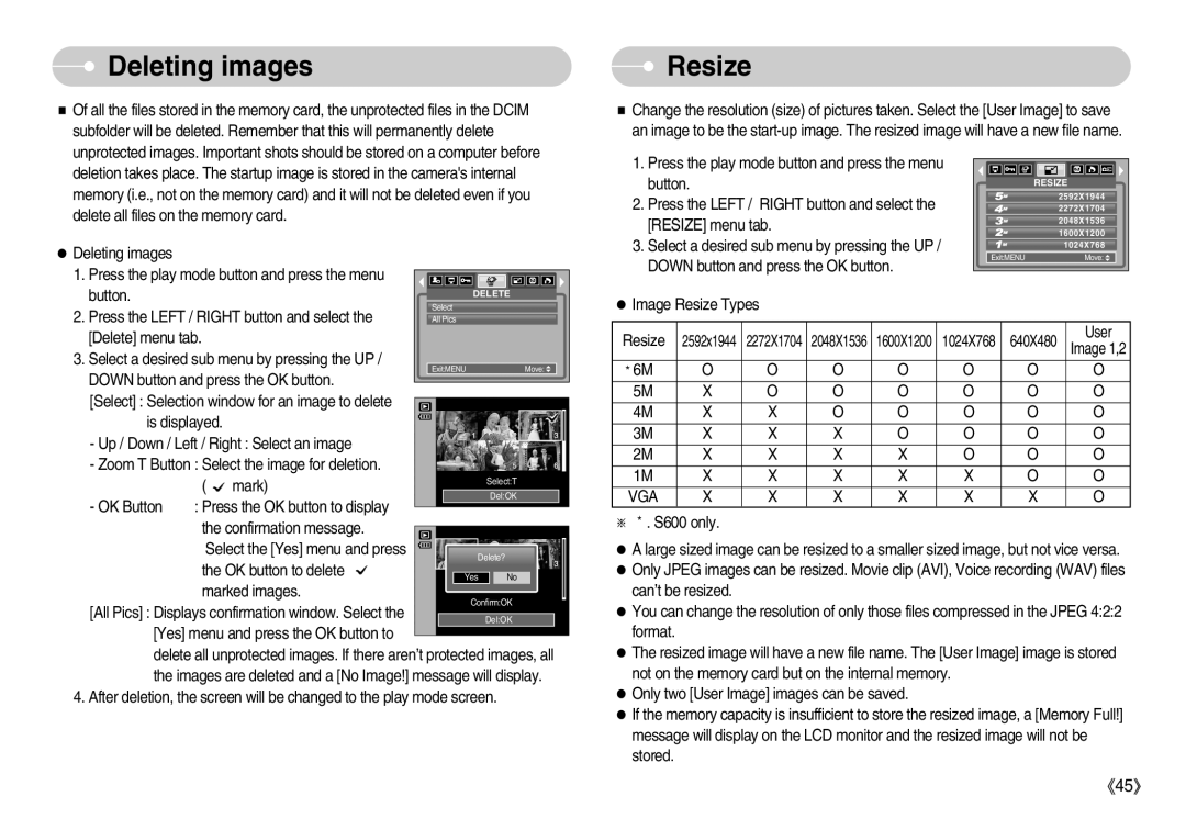 Samsung EC-S500ZSBC/E1, EC-S500ZBBA/FR, EC-S600ZSBB/FR, EC-S600ZBBB/FR, EC-S600ZBBA/DE, EC-S500ZSBA/FR Deleting images, Resize 