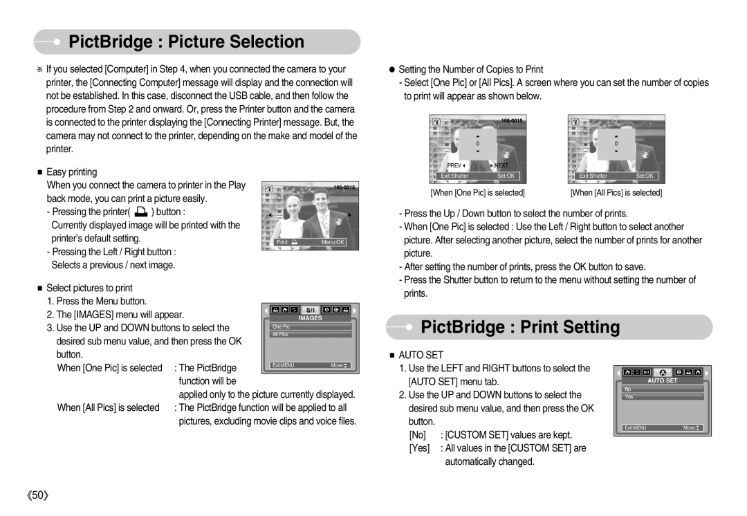 Samsung EC-S500ZBBB/US, EC-S500ZBBA/FR, EC-S600ZSBB/FR, EC-S500ZSAB PictBridge Picture Selection, PictBridge Print Setting 