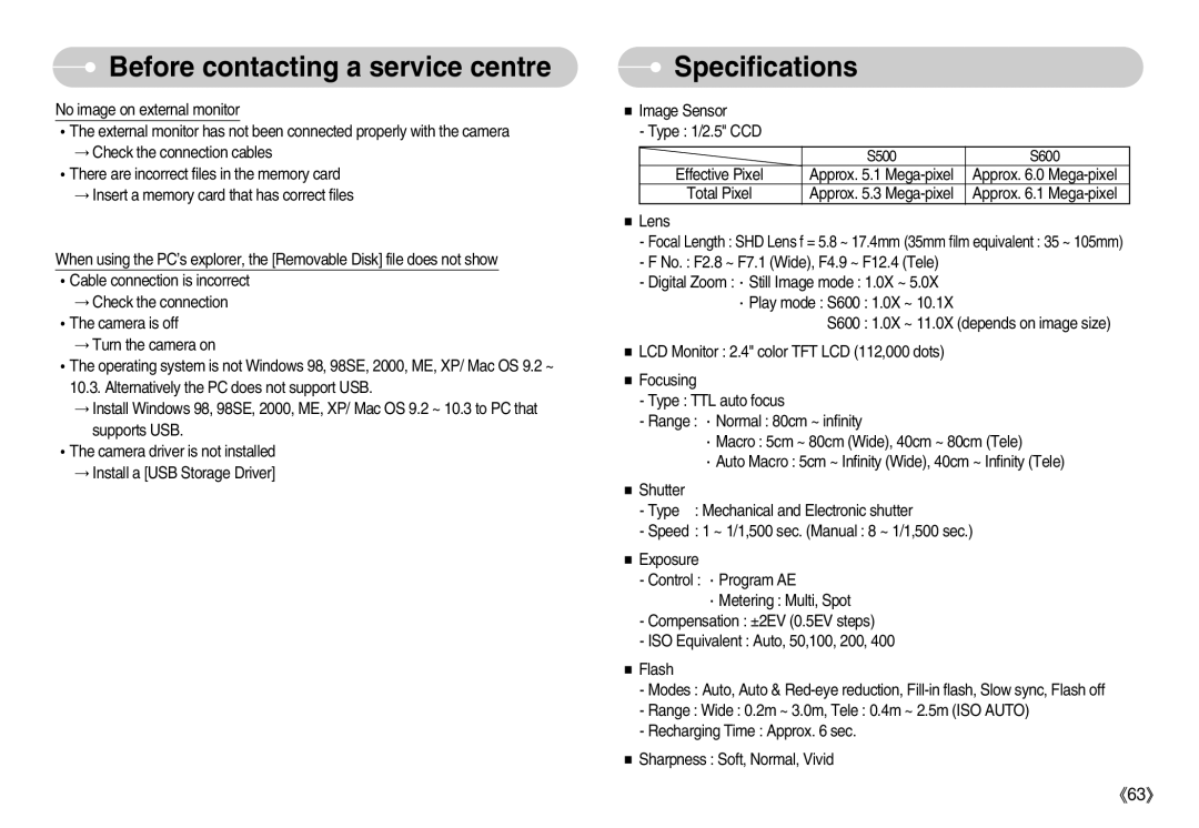 Samsung EC-S500ZBBD/E1, EC-S500ZBBA/FR, EC-S600ZSBB/FR, EC-S600ZBBB/FR, EC-S600ZBBA/DE, EC-S500ZSBA/FR manual Specifications 