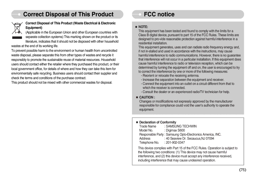 Samsung EC-S500ZBBB/GB, EC-S500ZBBA/FR, EC-S600ZSBB/FR manual Correct Disposal of This Product, FCC notice, Samsung Techwin 