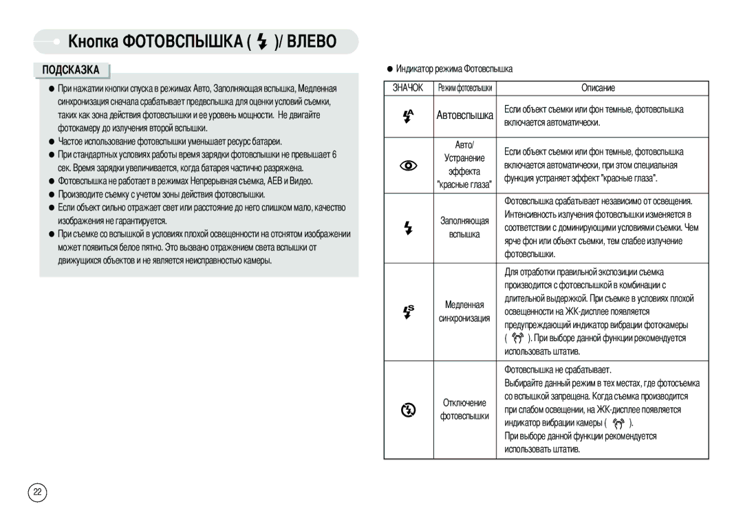 Samsung EC-S600ZBBA/GB manual Описание Автовспышка Включается автоматически, Включается автоматически, при этом специальная 