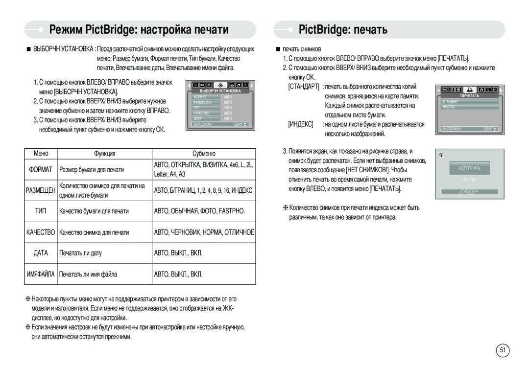 Samsung EC-S500ZPBA/E2, EC-S500ZBBA/FR manual Ежим PictBridge настройка печати PictBridge печать, Отдельном листе бумаги 