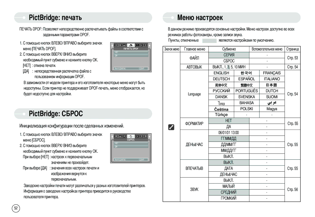 Samsung EC-S500ZSBA/US, EC-S500ZBBA/FR, EC-S600ZSBB/FR, EC-S600ZBBB/FR PictBridge, Недоступны Будет недоступно для настройки 