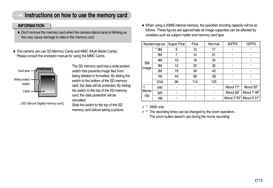 Samsung EC-S500ZBBB/FR, EC-S500ZBBA/FR, EC-S600ZSBB/FR Super Fine, Instructions on how to use the memory card, Information 