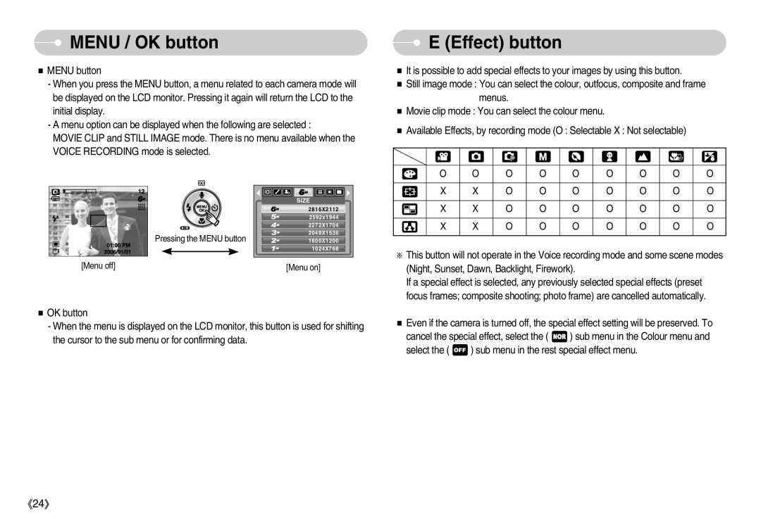 Samsung EC-S600ZSBB/E1, EC-S500ZBBA/FR, EC-S600ZSBB/FR, EC-S600ZBBB/FR manual MENU / OK button, E Effect button, Menu on 