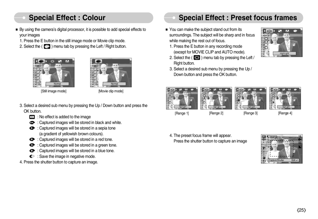 Samsung EC-S600ZSBC/E1, EC-S500ZBBA/FR, EC-S600ZSBB/FR manual Special Effect Colour, Special Effect Preset focus frames 