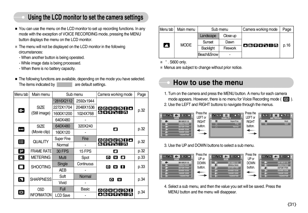 Samsung EC-S600ZBBA/IN, EC-S500ZBBA/FR, EC-S500ZSAB How to use the menu, Using the LCD monitor to set the camera settings 