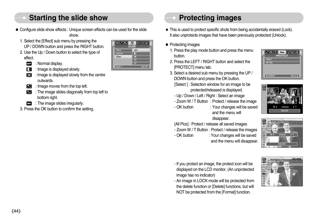 Samsung EC-S500ZSBC/DE, EC-S500ZBBA/FR, EC-S600ZSBB/FR, EC-S600ZBBB/FR Protecting images, Starting the slide show, Effect 