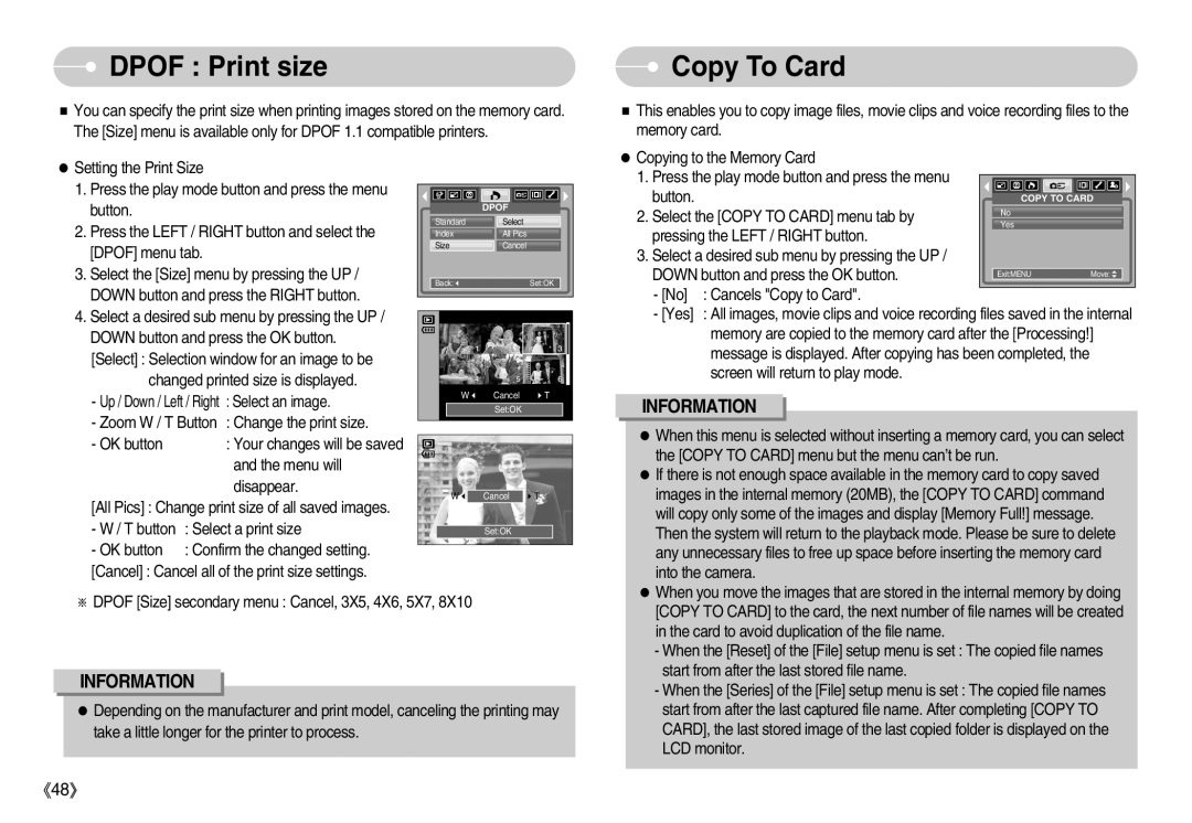 Samsung EC-S600ZSBA/US, EC-S500ZSAB DPOF Print size, Copy To Card, Information, Up / Down / Left / Right Select an image 