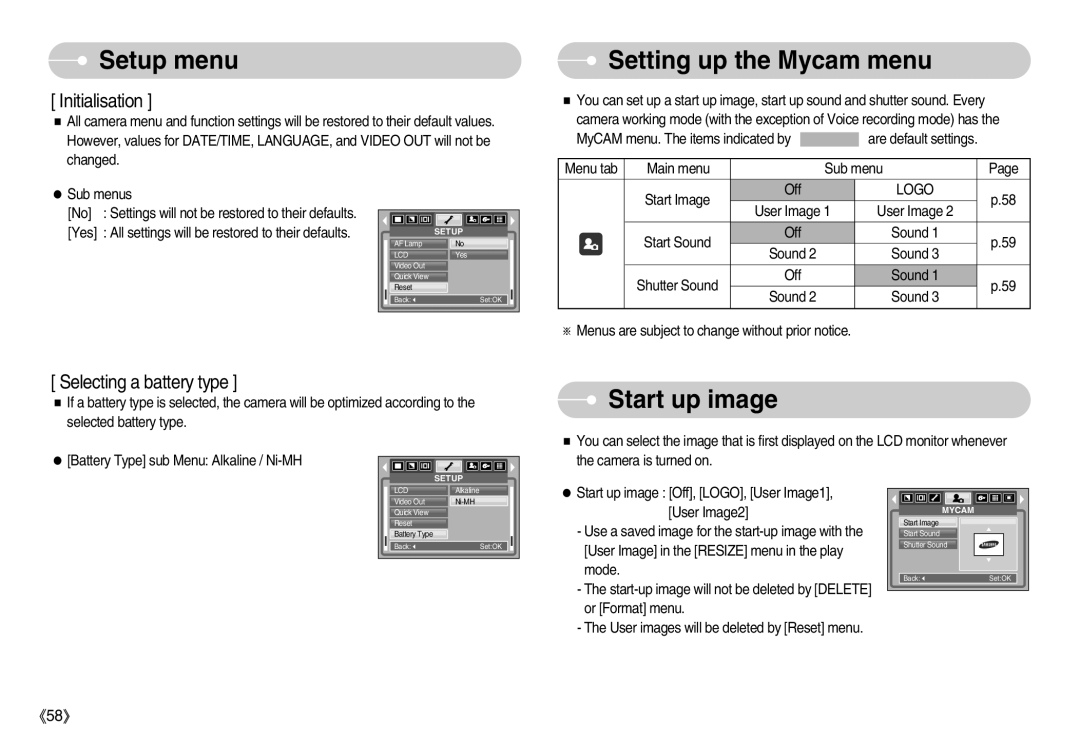 Samsung EC-S500ZSBA/GB Setting up the Mycam menu, Start up image, Initialisation, Selecting a battery type, Setup menu 