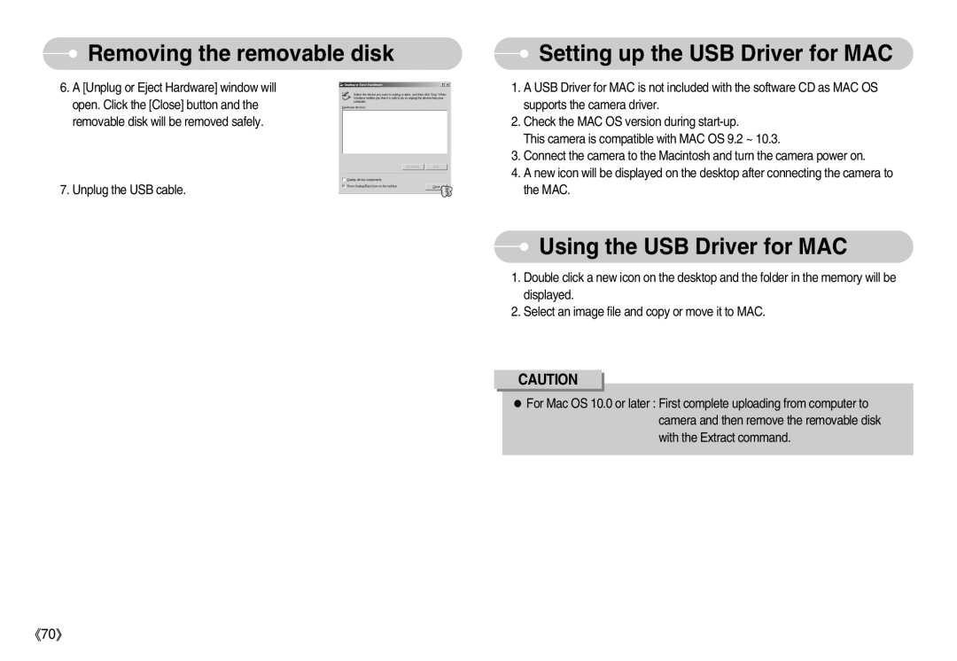 Samsung EC-S600ZSBA/GB manual Setting up the USB Driver for MAC, Using the USB Driver for MAC, Removing the removable disk 