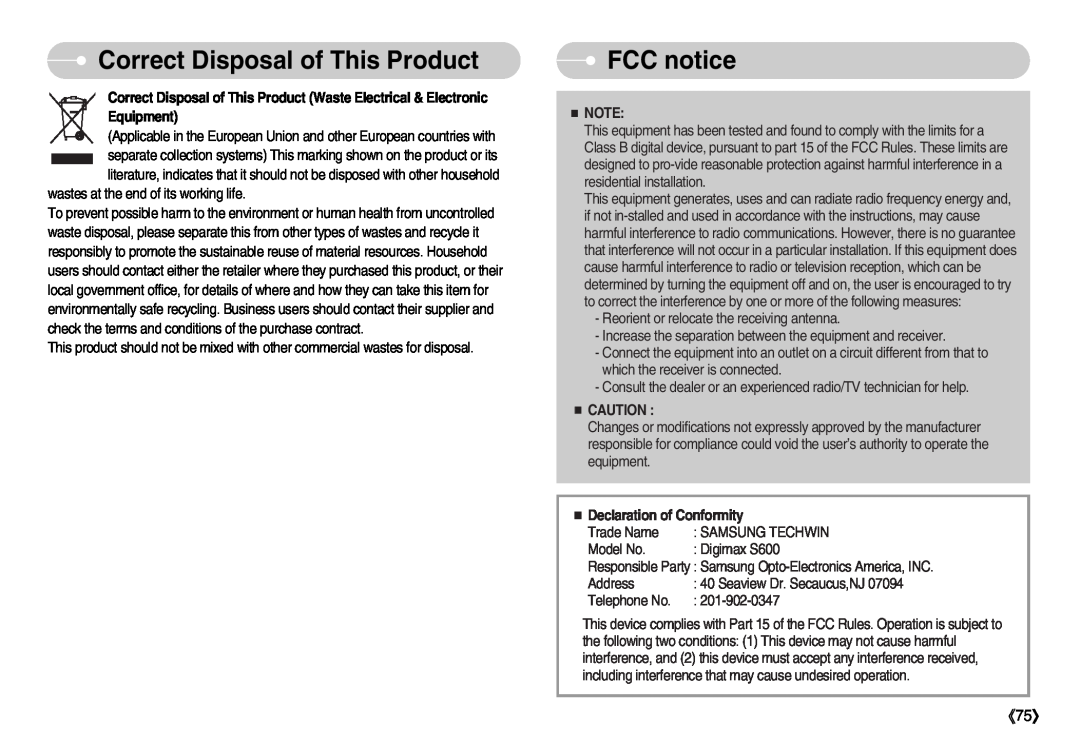 Samsung EC-S500ZBBB/GB, EC-S500ZBBA/FR, EC-S500ZSAB Correct Disposal of This Product, FCC notice, Declaration of Conformity 