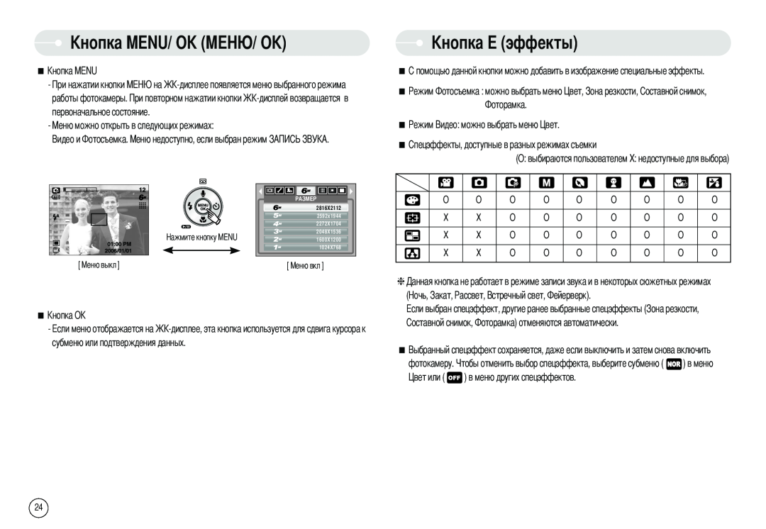 Samsung EC-S600ZSBB/E1 O выбираются пользователем X недоступные для выбора, работы фотокамеры. первоначальное состояние 
