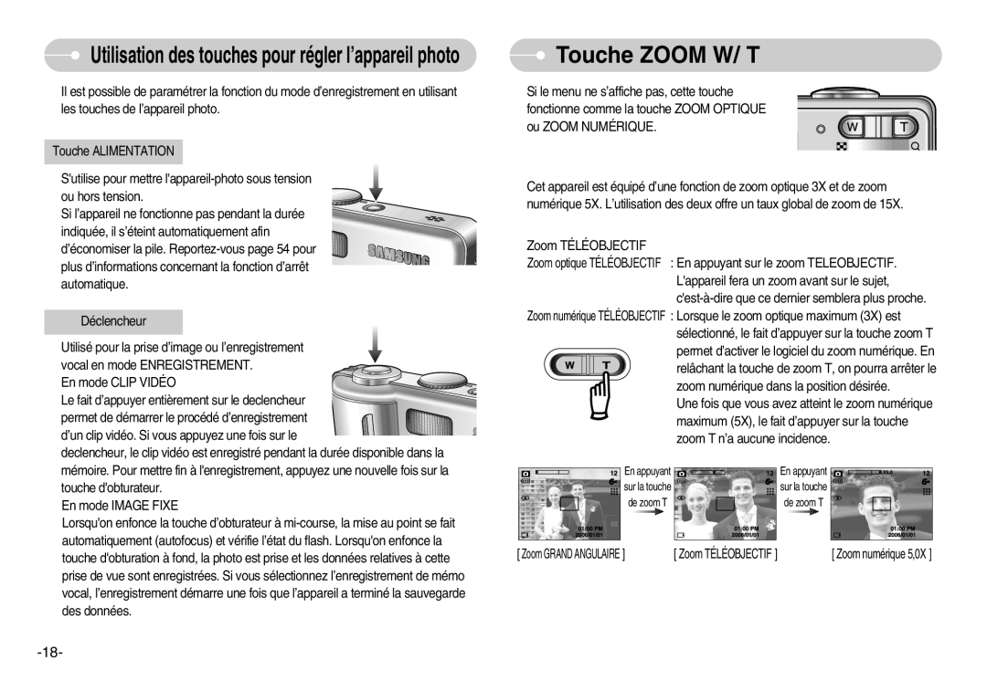 Samsung EC-S500ZSBA/FR, EC-S500ZBBA/FR manual Touche Zoom W/ T, Utilisation des touches pour régler l’appareil photo 