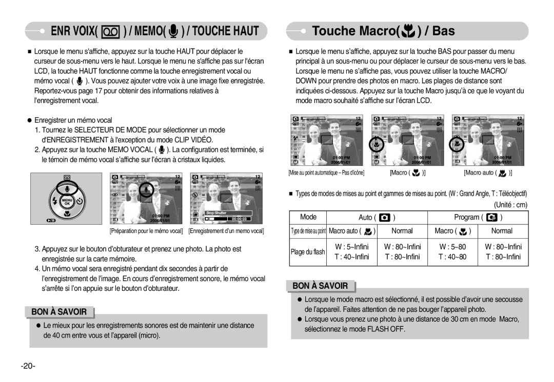 Samsung EC-S500ZSBM/E1, EC-S500ZBBA/FR, EC-S600ZSBB/FR, EC-S600ZBBB/FR, EC-S600ZBBA/DE, EC-S500ZSBA/FR manual Touche Macro / Bas 