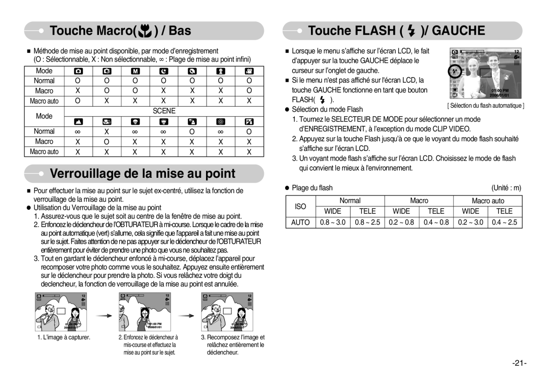 Samsung EC-S600ZBBA/FR, EC-S500ZBBA/FR Verrouillage de la mise au point, Touche Flash / Gauche, Scene, Iso, Wide Tele Auto 