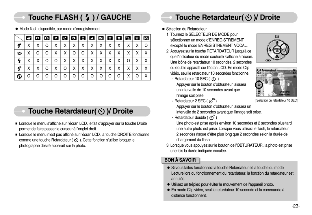 Samsung EC-S500ZSBB/FR, EC-S500ZBBA/FR manual Touche Retardateur / Droite, Mode flash disponible, par mode denregistrement 