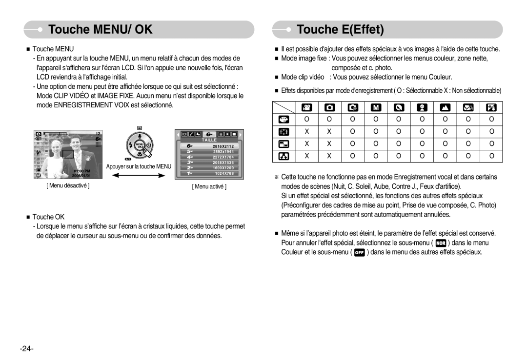 Samsung EC-S600ZSBA/FR, EC-S500ZBBA/FR, EC-S600ZSBB/FR, EC-S600ZBBB/FR, EC-S600ZBBA/DE manual Touche MENU/ OK, Touche EEffet 