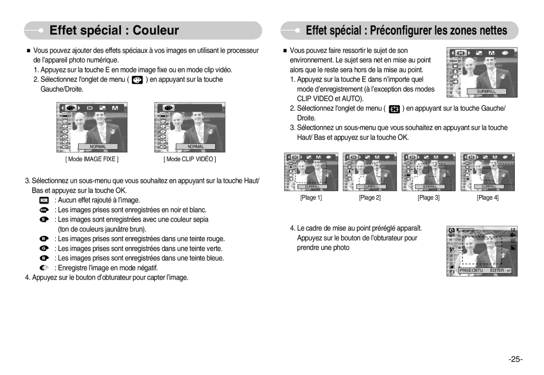 Samsung EC-S600ZBBA/E1, EC-S500ZBBA/FR, EC-S600ZSBB/FR Effet spécial Couleur, Effet spécial Préconfigurer les zones nettes 