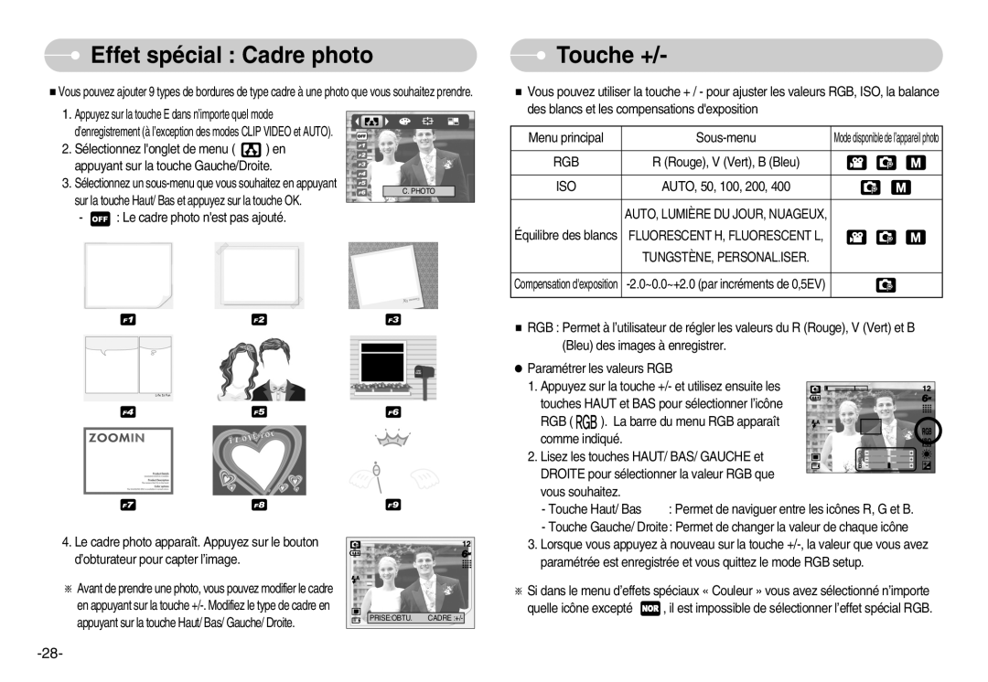 Samsung EC-S500ZSBC/FR, EC-S500ZBBA/FR, EC-S600ZSBB/FR, EC-S600ZBBB/FR, EC-S600ZBBA/DE Effet spécial Cadre photo, Touche + 