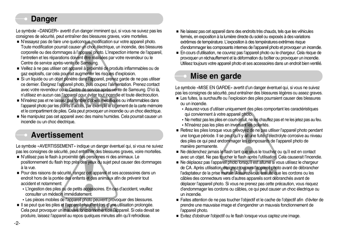 Samsung EC-S600ZBBA/DE, EC-S500ZBBA/FR, EC-S600ZSBB/FR, EC-S600ZBBB/FR, EC-S500ZSBA/FR manual Avertissement, Mise en garde 