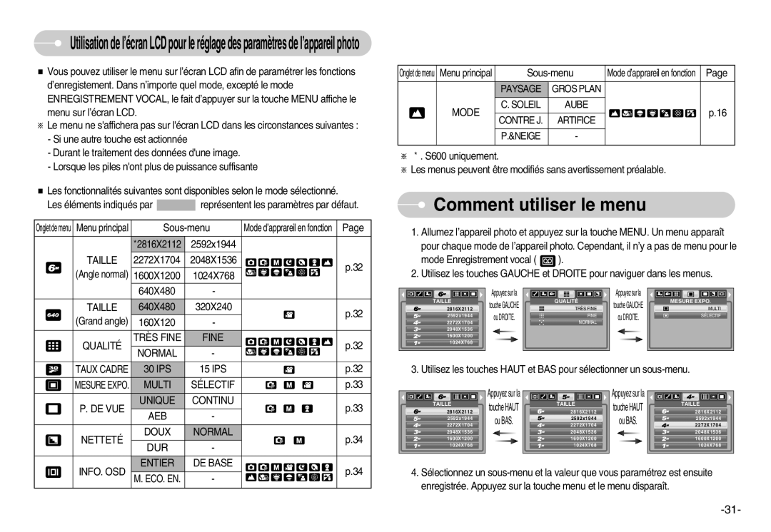 Samsung EC-S600ZBBB/FR, EC-S500ZBBA/FR, EC-S600ZSBB/FR, EC-S600ZBBA/DE, EC-S500ZSBA/FR manual Comment utiliser le menu 