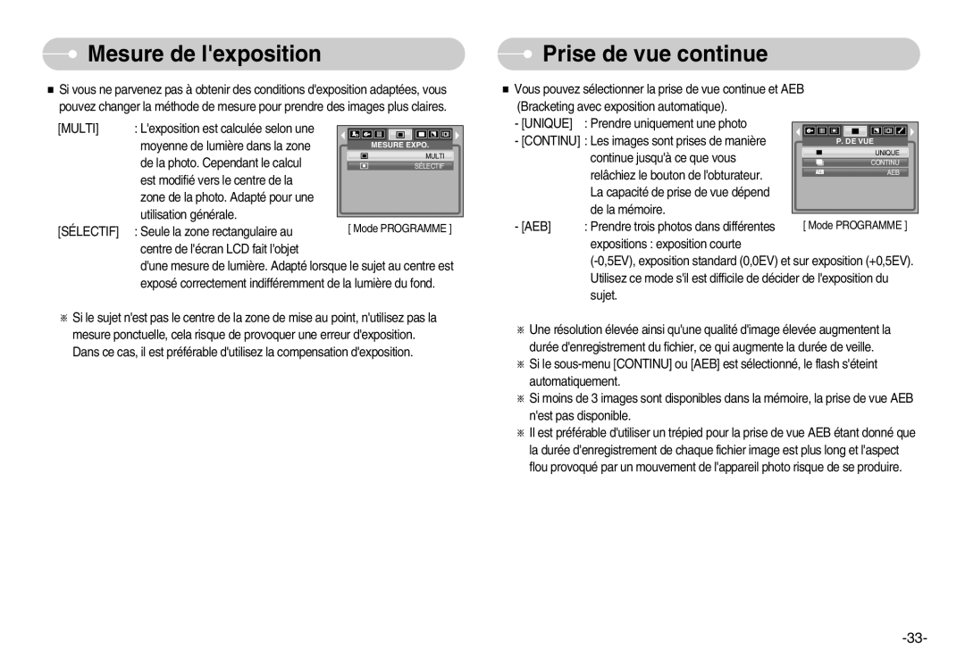 Samsung EC-S500ZSBA/FR, EC-S500ZBBA/FR, EC-S600ZSBB/FR, EC-S600ZBBB/FR Mesure de lexposition, Prise de vue continue, Multi 