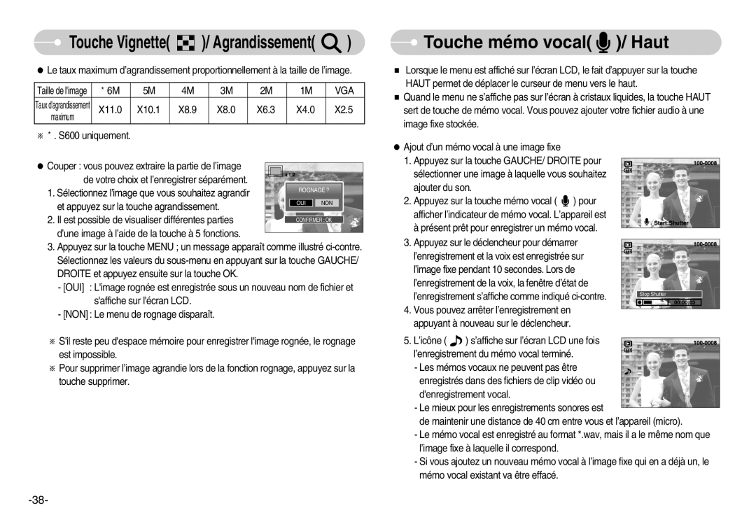 Samsung EC-S500ZSBB/FR, EC-S500ZBBA/FR, EC-S600ZSBB/FR manual Touche mémo vocal / Haut, X11.0 X10.1 X8.9 X8.0 X6.3 X4.0 X2.5 