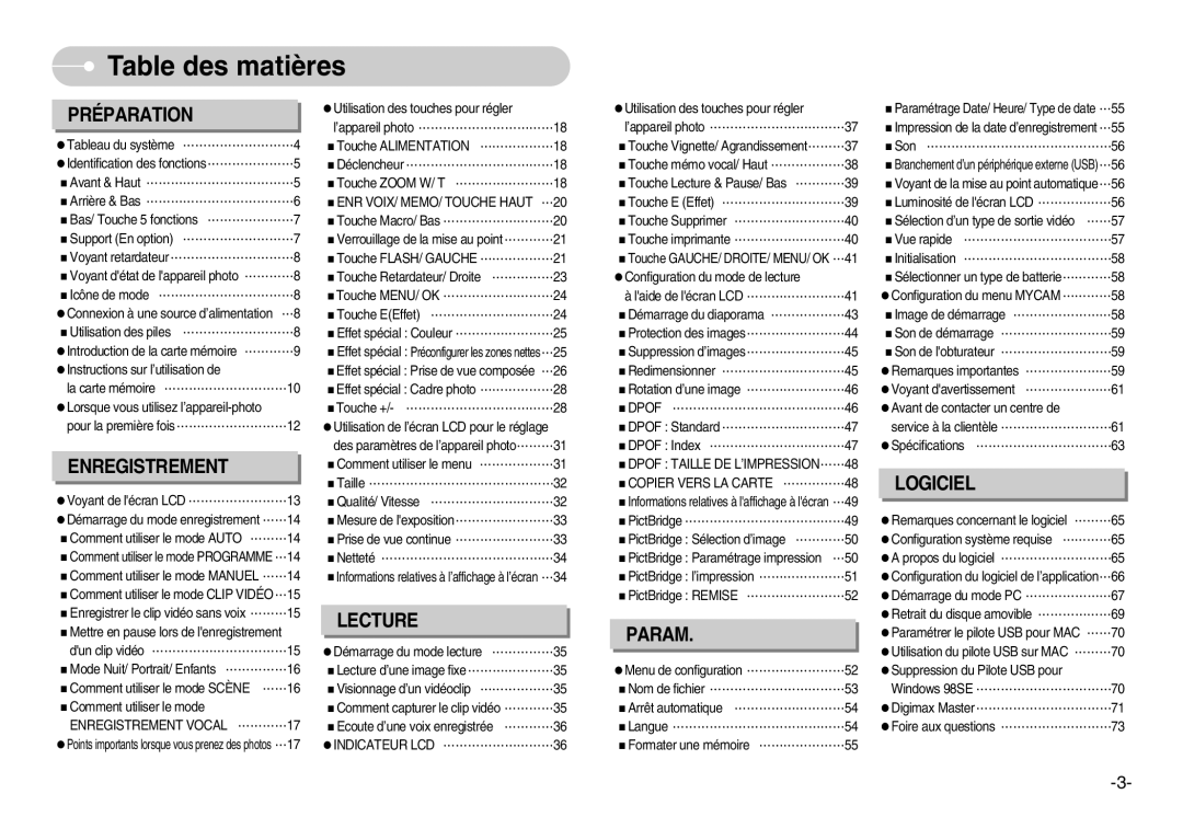 Samsung EC-S500ZSBA/FR, EC-S500ZBBA/FR, EC-S600ZSBB/FR, EC-S600ZBBB/FR, EC-S600ZBBA/DE manual Table des matières, Préparation 