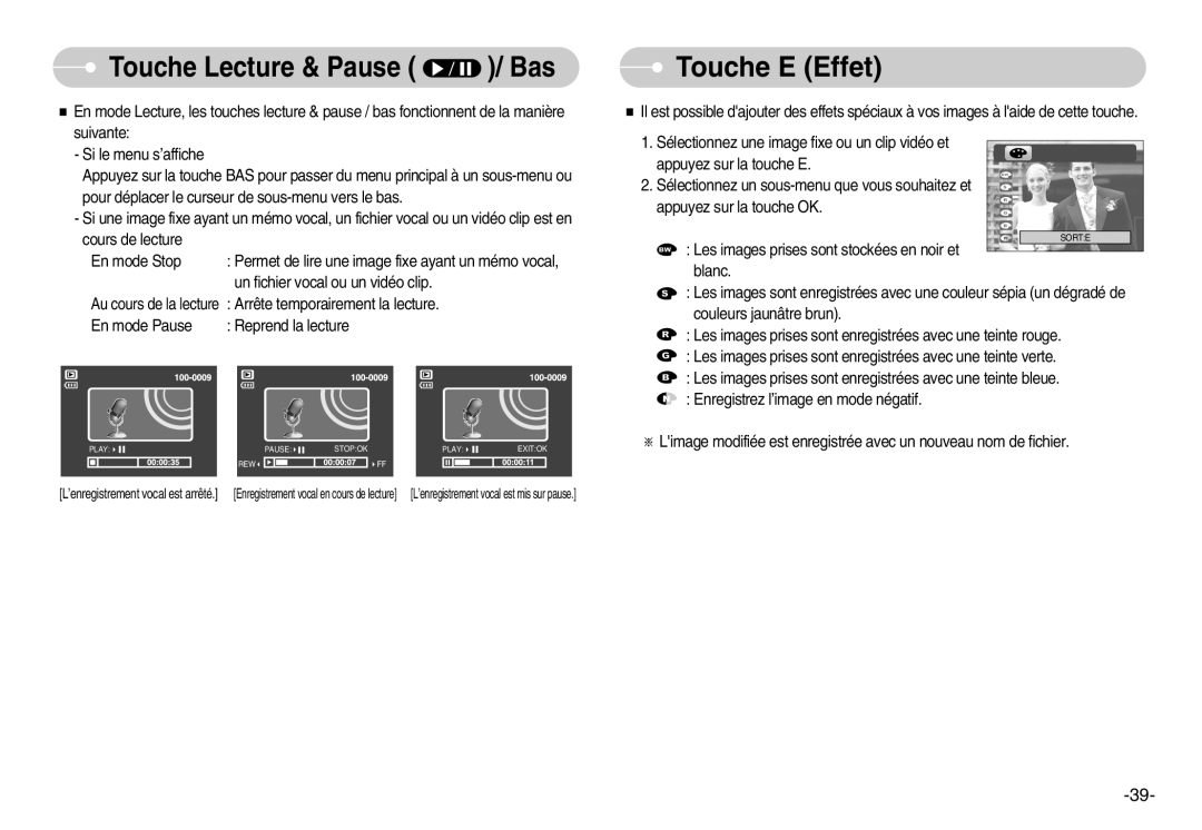 Samsung EC-S600ZSBA/FR, EC-S500ZBBA/FR, EC-S600ZSBB/FR, EC-S600ZBBB/FR manual Touche E Effet, Touche Lecture & Pause / Bas 