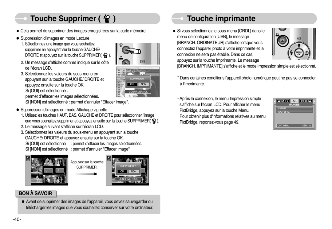 Samsung EC-S600ZBBA/E1, EC-S500ZBBA/FR, EC-S600ZSBB/FR, EC-S600ZBBB/FR, EC-S600ZBBA/DE Touche Supprimer, Touche imprimante 