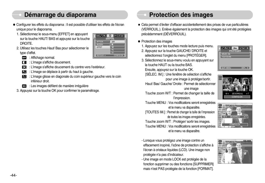 Samsung EC-S500ZBBA/FR, EC-S600ZSBB/FR manual Protection des images, Utilisez les touches Haut/ Bas pour sélectionner le 