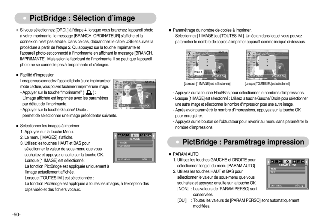 Samsung EC-S500ZSBM/E1, EC-S500ZBBA/FR, EC-S600ZSBB/FR, EC-S600ZBBB/FR manual PictBridge Sélection d’image, Param Auto 