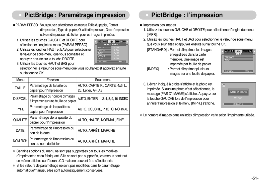 Samsung EC-S600ZBBA/FR, EC-S500ZBBA/FR manual PictBridge l’impression, AUTO, HAUTE, NORMAL, Fine, AUTO, ARRÊT, Marche 