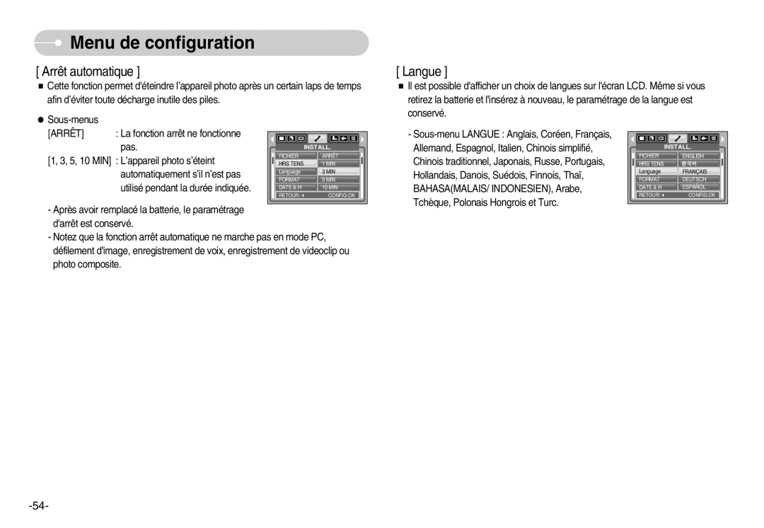 Samsung EC-S600ZSBA/FR manual Sous-menu Langue Anglais, Coréen, Français, Allemand, Espagnol, Italien, Chinois simplifié 