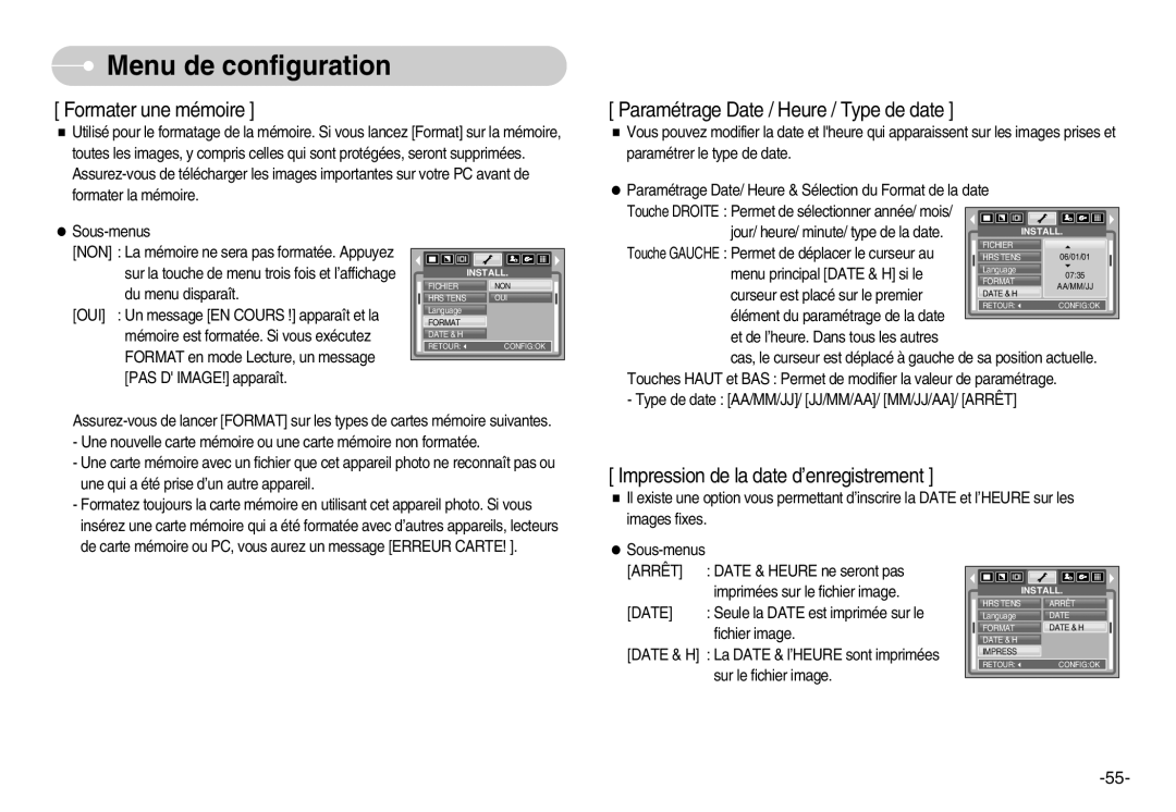 Samsung EC-S600ZBBA/E1 manual Jour/ heure/ minute/ type de la date, Touche Gauche Permet de déplacer le curseur au 