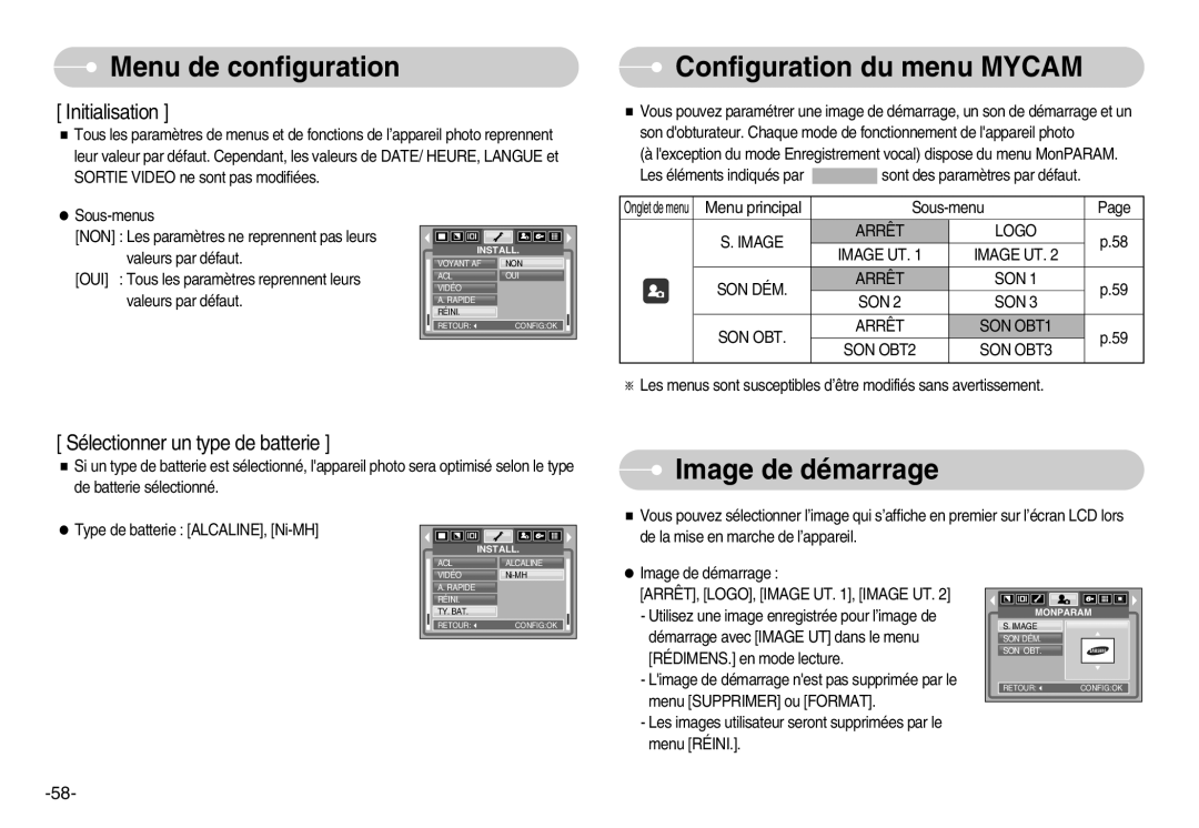 Samsung EC-S500ZSBC/FR, EC-S500ZBBA/FR Configuration du menu Mycam, Image de démarrage, Type de batterie ALCALINE, Ni-MH 