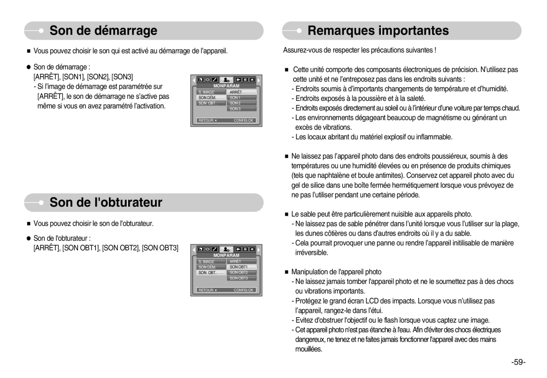 Samsung EC-S500ZBBA/FR Son de démarrage, Remarques importantes, Son de lobturateur, ARRÊT, SON OBT1, SON OBT2, SON OBT3 