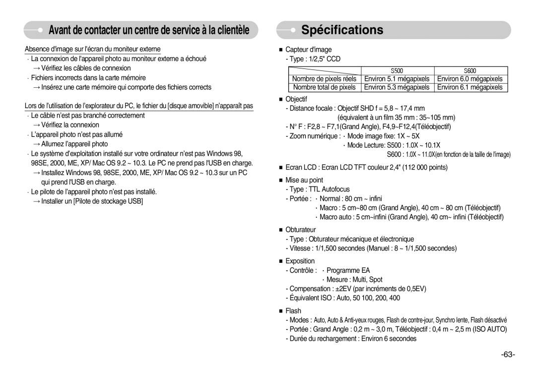 Samsung EC-S500ZSBA/FR, EC-S500ZBBA/FR, EC-S600ZSBB/FR, EC-S600ZBBB/FR, EC-S600ZBBA/DE, EC-S600ZSBA/E1 manual Spécifications 