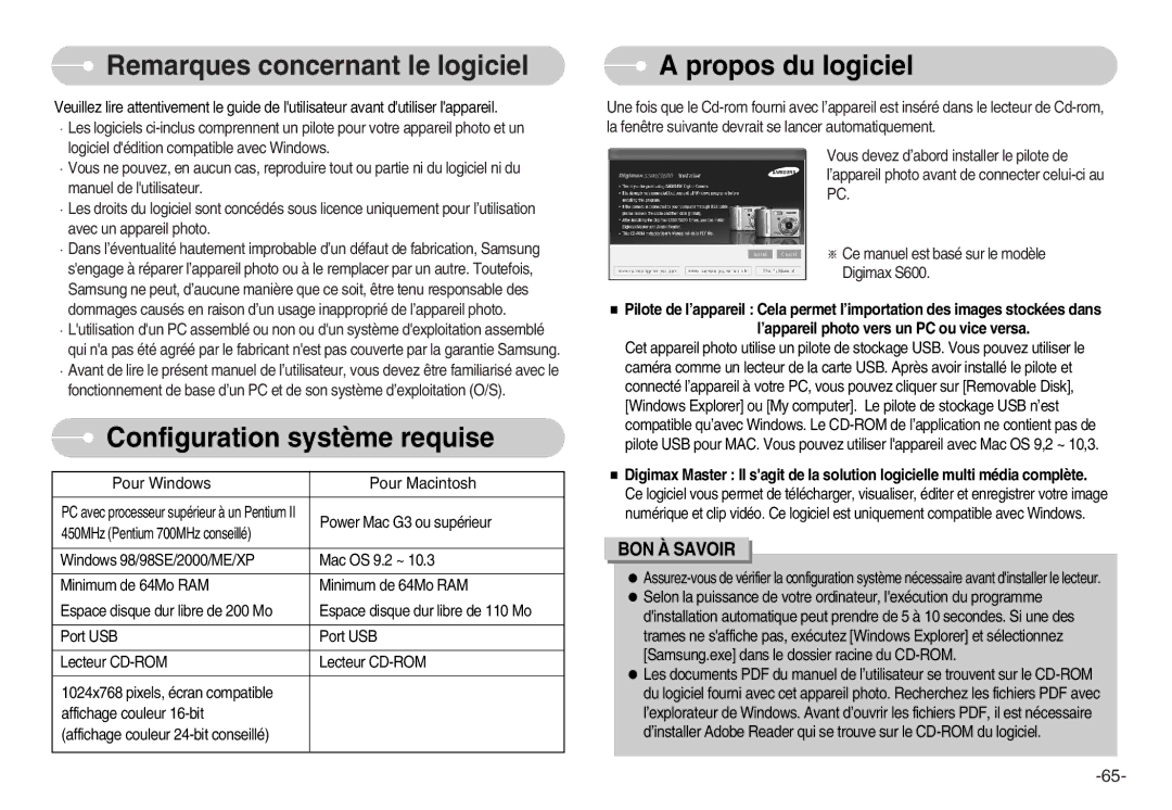 Samsung EC-S500ZSBM/E1, EC-S500ZBBA/FR Remarques concernant le logiciel, Configuration système requise, Propos du logiciel 