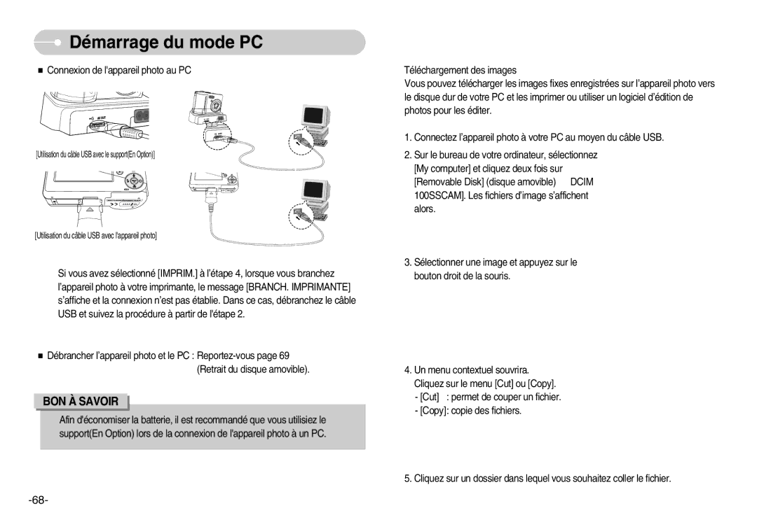 Samsung EC-S500ZSBB/FR, EC-S500ZBBA/FR, EC-S600ZSBB/FR, EC-S600ZBBB/FR Utilisation du câble USB avec le supportEn Option 