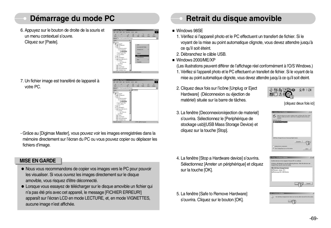 Samsung EC-S600ZSBA/FR, EC-S500ZBBA/FR, EC-S600ZSBB/FR, EC-S600ZBBB/FR, EC-S600ZBBA/DE manual Retrait du disque amovible 