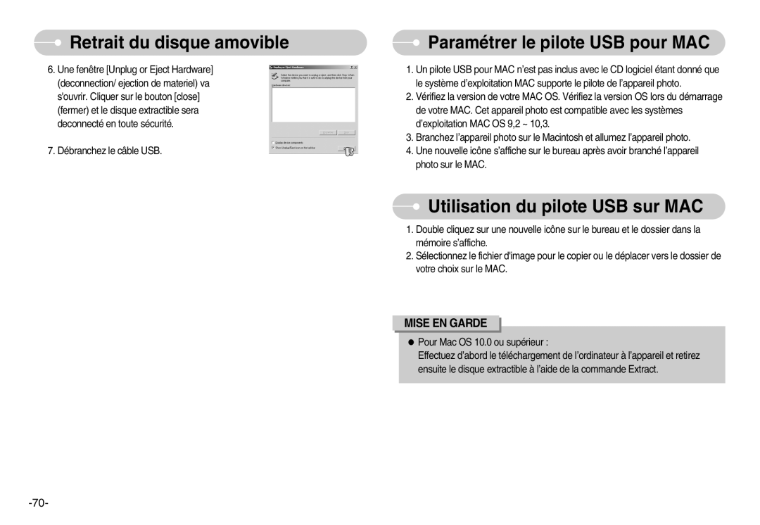 Samsung EC-S600ZBBA/E1, EC-S500ZBBA/FR, EC-S600ZSBB/FR Paramétrer le pilote USB pour MAC, Utilisation du pilote USB sur MAC 