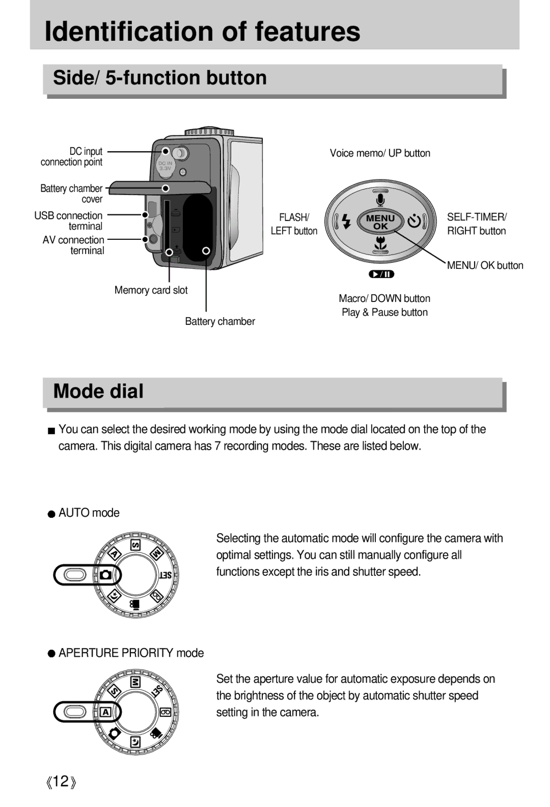 Samsung EC-S500ZSBC/DE, EC-S500ZSBM/E1, EC-S500ZSBD/FR, EC-S500ZSBC/FR manual Side/ 5-function button, Mode dial, Auto mode 